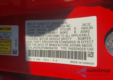 2022 Honda Civic Sport from USA, damaged, VIN 2HGFE2F54NH604729